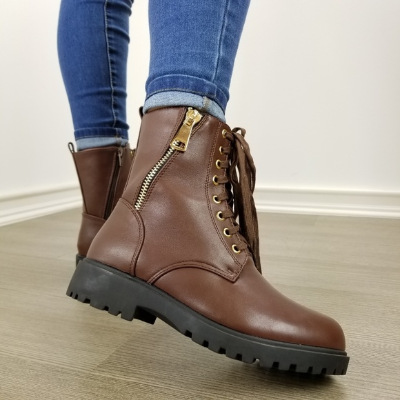 Faux leather brown laced up combat boots - Picture 8 of 8